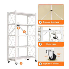 5 Tier White Heavy Duty Foldable Metal Organizer Shelves With Wheels