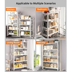 5 Tier White Heavy Duty Foldable Metal Organizer Shelves With Wheels