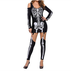 Skull Skeleton Print Sexy Off-shoulder Halloween Costume Dark Performance Costume