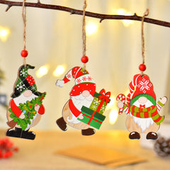 Christmas decorations, painted wooden ornaments, Christmas trees, faceless old man Rudolf Christmas ornaments