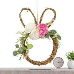 Spring Wreath Easter Bunny Wreath Light Up Door Hanger With Artificial Flower Greenery Handwoven Rattan Garland Wall Decor