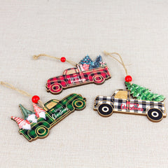 Christmas Decorations Wooden Plaid Car Santa Claus Christmas Tree Hanging