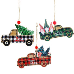 Christmas Decorations Wooden Plaid Car Santa Claus Christmas Tree Hanging