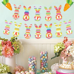 New Easter Party Cartoon Bunny Flag Pulling Easter Festival Theme Decoration Banner Flower Pulling