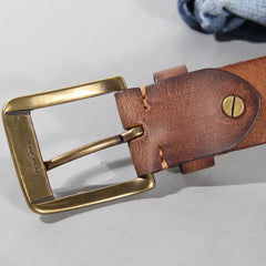 Vintage Luxury Handmade Leather Copper Buckle Man's Belt Cinturon Gotico Cowhide Retro All-match Casual Jeans Soft Belt ABC