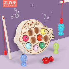 Wooden Ball Kidsren's Wooden Magnetic Kitten Fishing Game Pretend Play Magnetic Early Education Baby Toy Fishing Rod