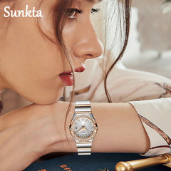 Sunkta Watches for Woman Diamond Luxury Stainless Steel Woaman Watch Fashion Ladies Elegant Waterproof Luminous Date Clocks