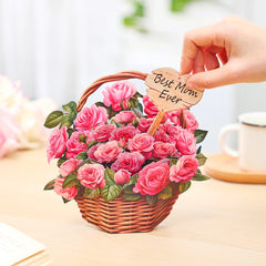 Mothers Day Pink Rose Flower Basket 3D Pop-up With Envelope