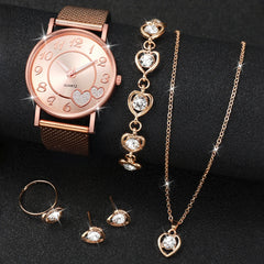 5PCS/Set Women Watches Diamond Jewelry Set Fashion Heart Dial Plastic Band Female Quartz Wristwatch(Without Box)