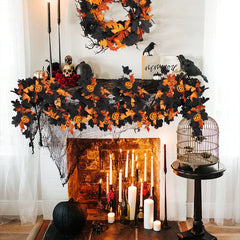 Halloween Garland Decorations Black Fall Leaves Vine with 3D Pumpkin Thanksgiving Harvest Festival Home Fireplace Mantle Decor