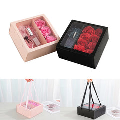 Flower Gift Box with Handle Transparent PVC Window Square Portable Rose Candy Dessert Packaging Box Wedding Party Present Decor