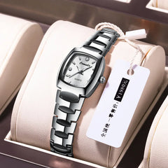 2025 Women's Tungsten Square Watch 30M Water-resistant, Slim Quartz with Diamond-Cut Bezel & Minimalist Dial for Global Export