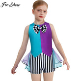 Kids Girls Halloween Mad Hatter Costume Fairytale Tea Party Bodysuit Bow Tie Mesh Tutu Stripe Leotard Circus Cosplay Clothes
