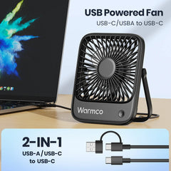 Warmco Mini USB Desk Fans Portable USB-C Desktop Cooling Fan 3-Speed Adjustable 180° Rotation Quiet Small Personal Fan for Home