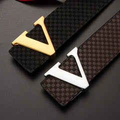 Men's Belt Casual Business V letter Slide Buckle Fashionable Checkered Plaid Leather
