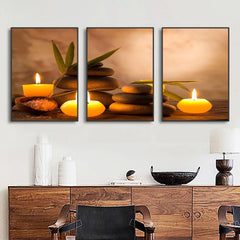 3PCS Frameless Canvas Paintings Print Wall Art Meditation Zen Stones Artwork Aromatic Burning Candles Spa Still Life Pictures