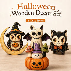 Halloween Wooden Tabletop Decor, Hand-Painted Owl Ghost Pumpkin & Vampire Cat Figurines for Shelf Mantel Party Decoration