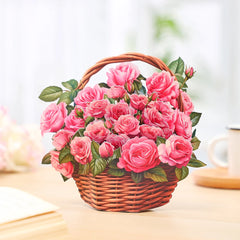 Mothers Day Pink Rose Flower Basket 3D Pop-up With Envelope
