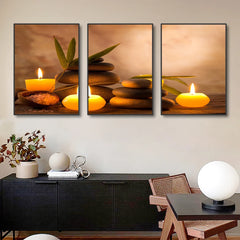 3PCS Frameless Canvas Paintings Print Wall Art Meditation Zen Stones Artwork Aromatic Burning Candles Spa Still Life Pictures