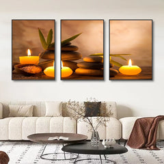 3PCS Frameless Canvas Paintings Print Wall Art Meditation Zen Stones Artwork Aromatic Burning Candles Spa Still Life Pictures