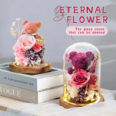 Valentine's Day Gift for Girlfriend Eternal Preserved Rose Flower Gift Box Teddy Bear Eternal Flower with Lights Gift for Women