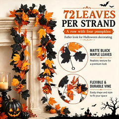 Halloween Garland Decorations Black Fall Leaves Vine with 3D Pumpkin Thanksgiving Harvest Festival Home Fireplace Mantle Decor