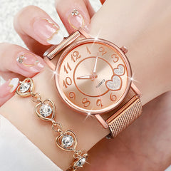 5PCS/Set Women Watches Diamond Jewelry Set Fashion Heart Dial Plastic Band Female Quartz Wristwatch(Without Box)