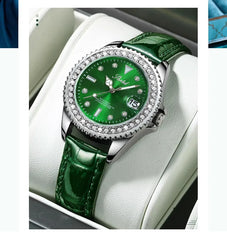 The best-selling women's watch is a green diamond-encrusted elegant ladies' wristwatch with a moonlight calendar and a retro sty