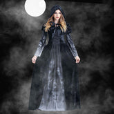 Halloween Women Medieval Gothic Witch Maleficent Horror Scary Cosplay Costume Carnival Party Ghost Long Black Hooded Dress