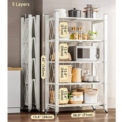 5 Tier White Heavy Duty Foldable Metal Organizer Shelves With Wheels