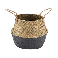Foldable Natural Seagrass Woven Clothes Organizer Flower Plant Pot Basket(Black)