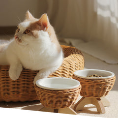 Pure Handmade Rattan Pet Cat And Dog Ceramic Bowl