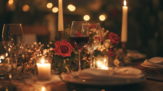 A romantic candlelit dinner setup with two wine glasses, red roses, and warm glowing candles, creating the perfect ambiance for a one month anniversary celebration.