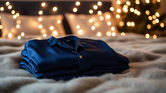 A neatly folded navy blue silk pajama set resting on a plush bed with warm holiday lights glowing softly in the background, creating a cozy and festive atmosphere.