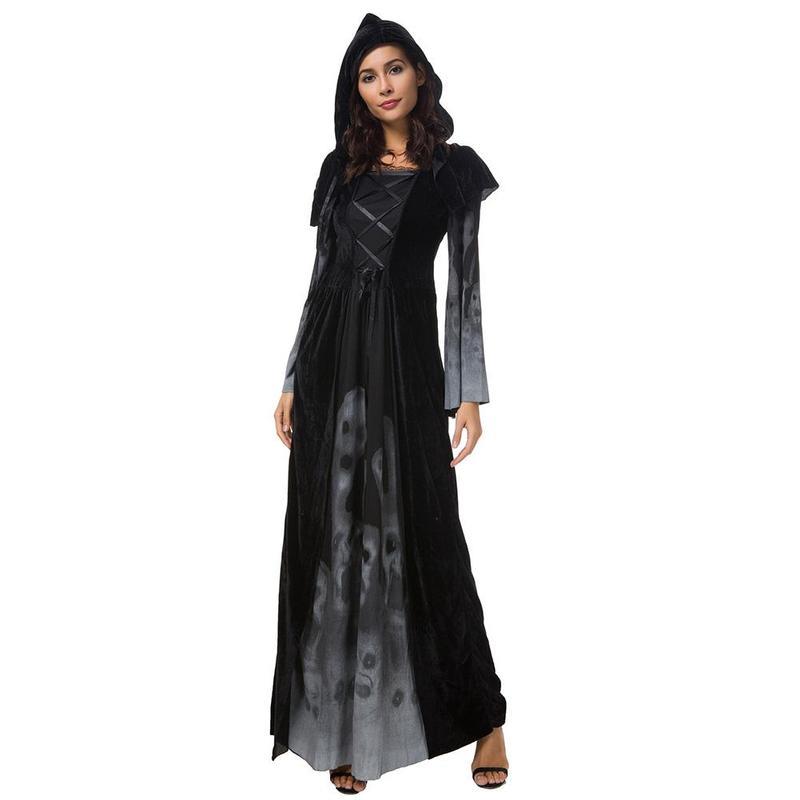 Halloween New Skull Print Witch Long Vampire Costume, Queen Dress Costume