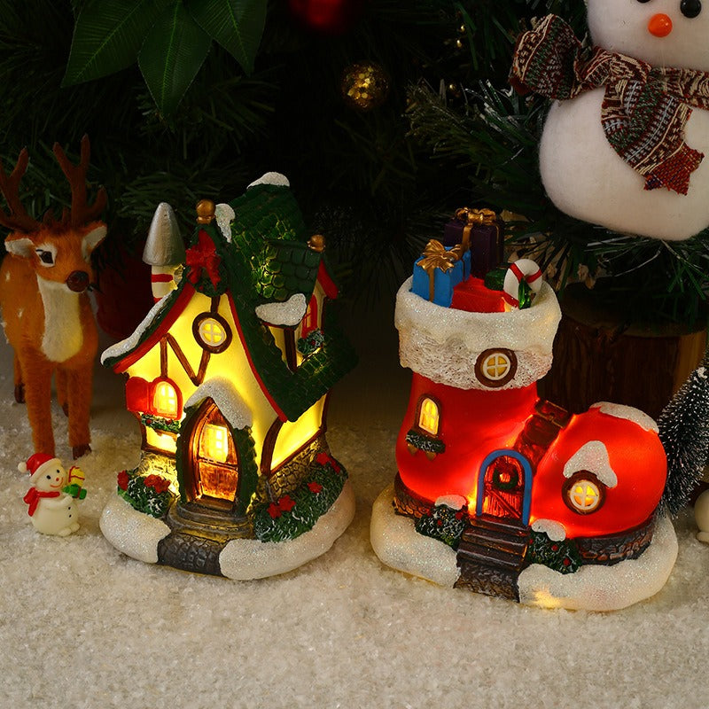 New Christmas decorations resin big house with music glowing house Christmas boots gift