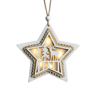 Christmas tree ornaments, decorative items, Christmas wooden accessories, luminous strip lights, white pentagram decoration, scene arrangement