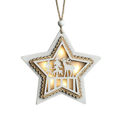 Christmas tree ornaments, decorative items, Christmas wooden accessories, luminous strip lights, white pentagram decoration, scene arrangement