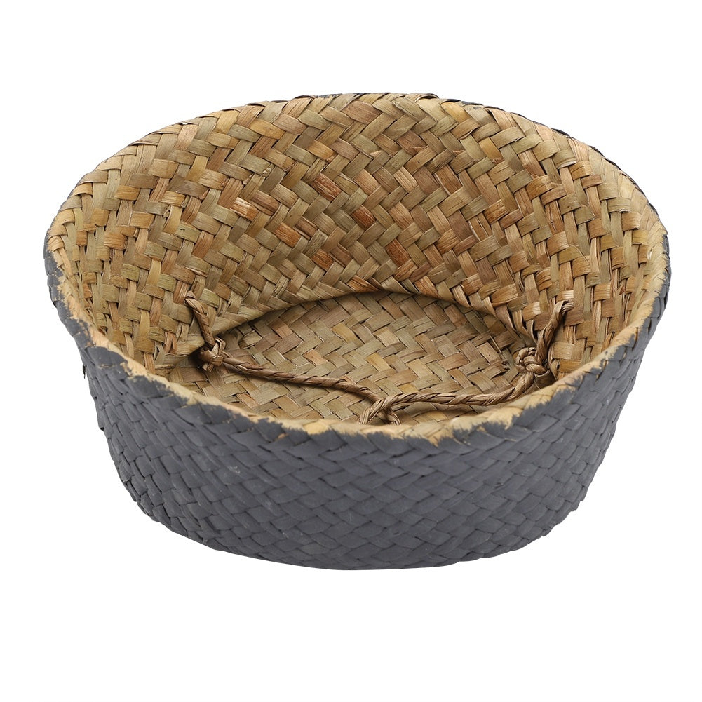 Foldable Natural Seagrass Woven Clothes Organizer Flower Plant Pot Basket(Black)