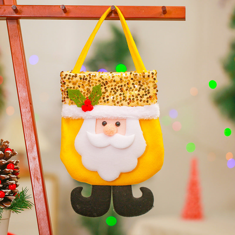 Christmas decoration items, yellow Santa Claus tote bag, glitter Christmas gift bag