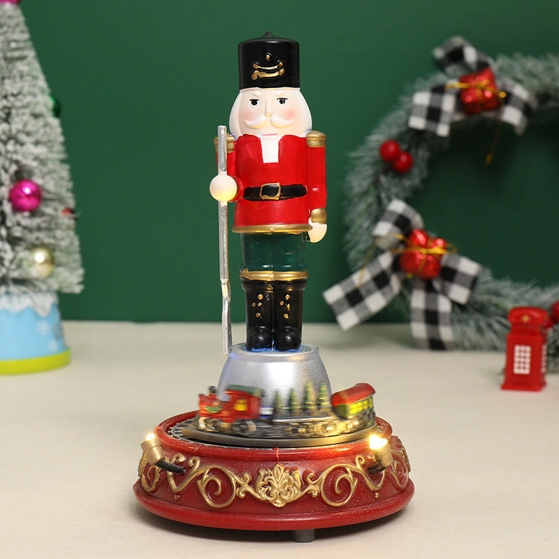 Christmas Gift Luminous Music Resin Ornament Walnut Soldier Small Train House Christmas Ornament