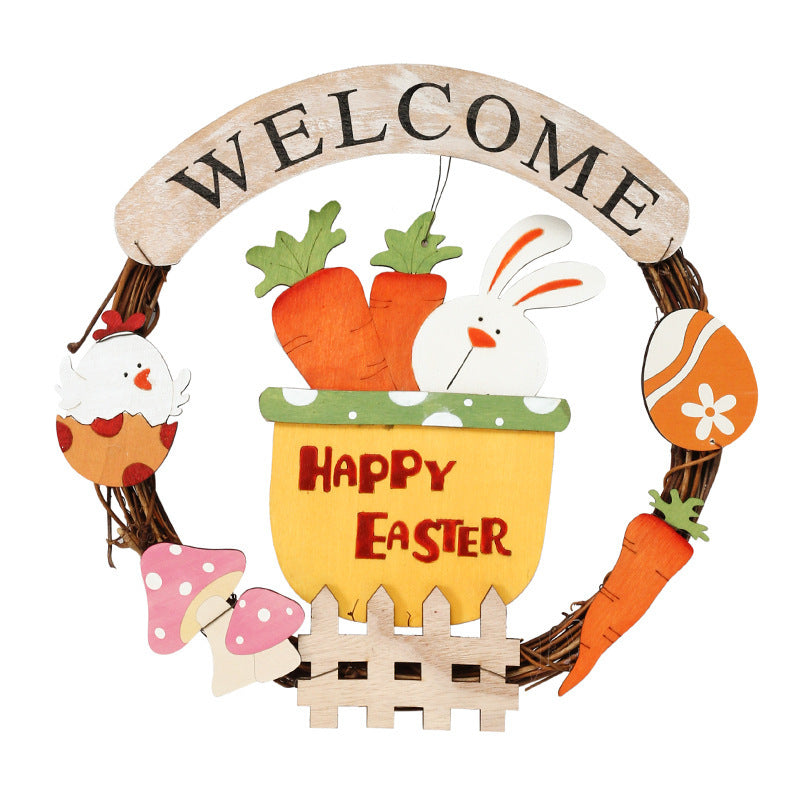 Wooden Rabbit Easter Egg Garland Pendant Wall Hanging Door Hanging