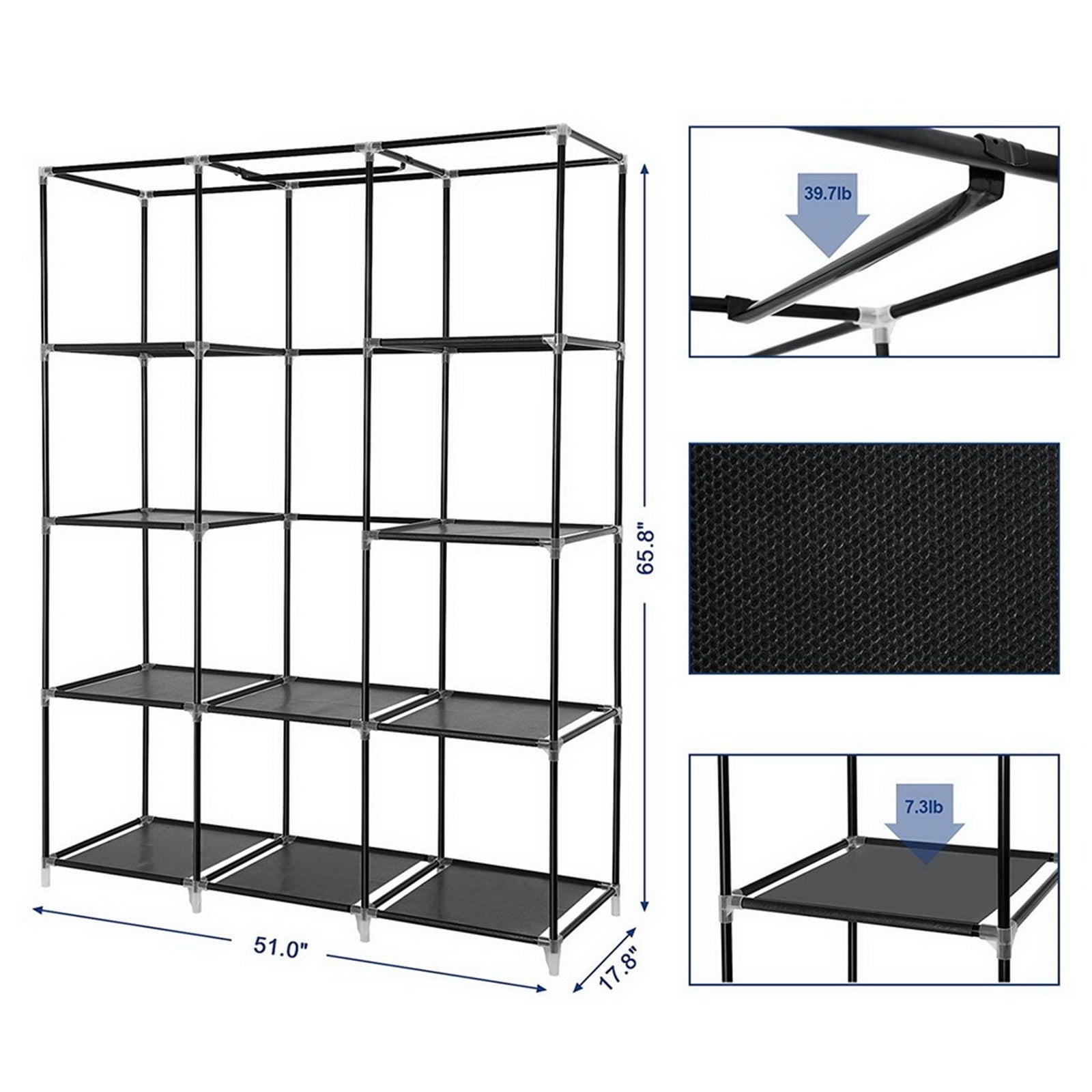 67in Portable Closet Organizer Wardrobe Storage Organizer with 10 Shelves Quick and Easy to Assemble Extra Space Black