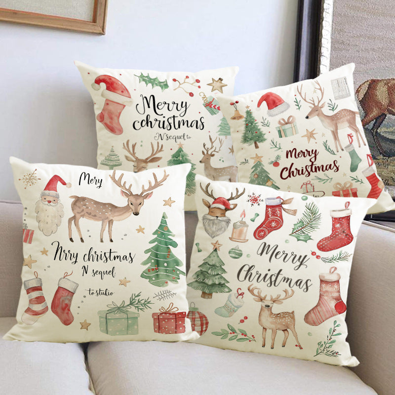 Christmas Socks Printed Pillow Cover Christmas Reindeer Linen Pillowcase Living Room Bedroom Decoration