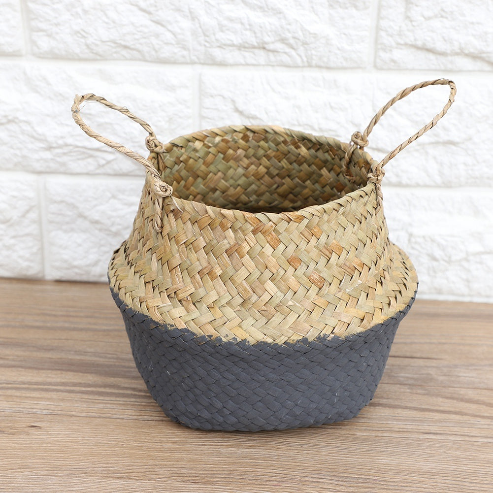 Foldable Natural Seagrass Woven Clothes Organizer Flower Plant Pot Basket(Black)
