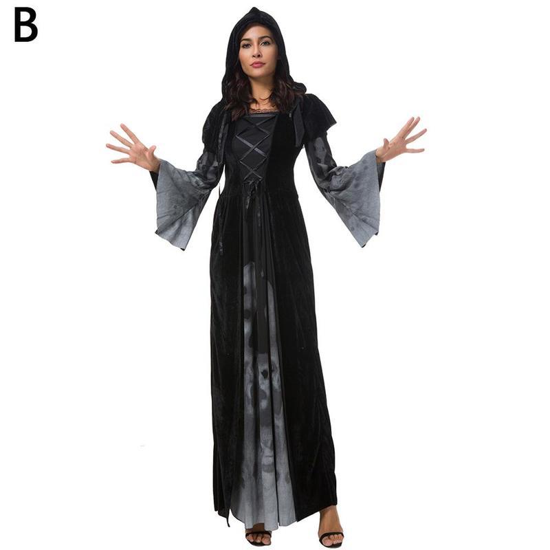 Halloween New Skull Print Witch Long Vampire Costume, Queen Dress Costume