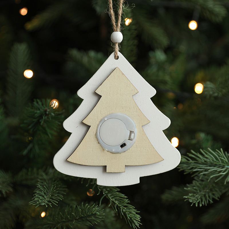 Christmas tree ornaments, decorative items, Christmas wooden accessories, luminous strip lights, white pentagram decoration, scene arrangement