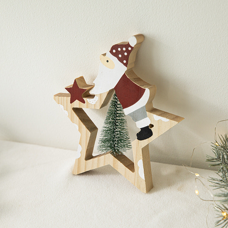 Christmas Creative Decorations Santa Claus Wooden Pentagram Ornament Gift Christmas Gift