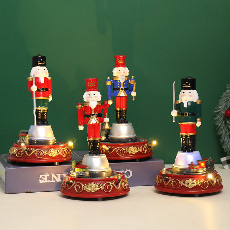 Christmas Gift Luminous Music Resin Ornament Walnut Soldier Small Train House Christmas Ornament