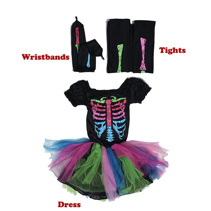 Halloween Cosplay Masquerade Children's Rainbow Skull Skeleton Costume